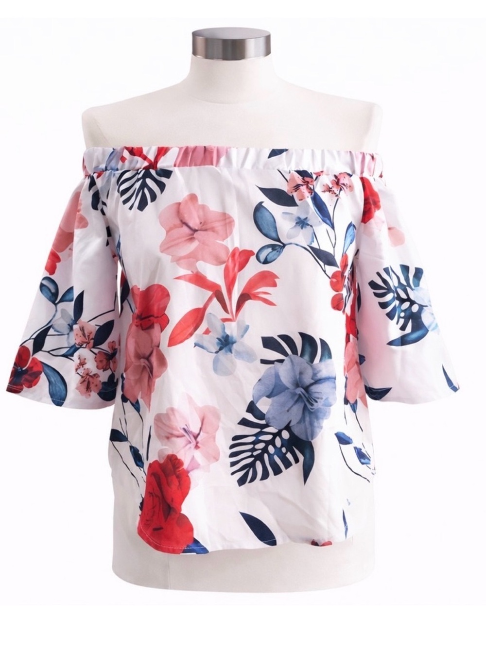 Floral Off Shoulder Blouse White Tropical Print Top Size M